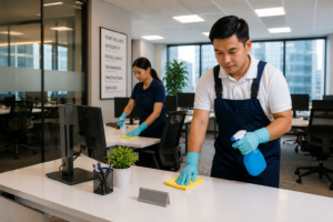 Professional facility cleaning personnel sanitizing and maintaining a modern office workspace in the Philippines