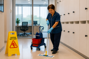 Professional janitorial staff cleaning a modern office hallway in the Philippines