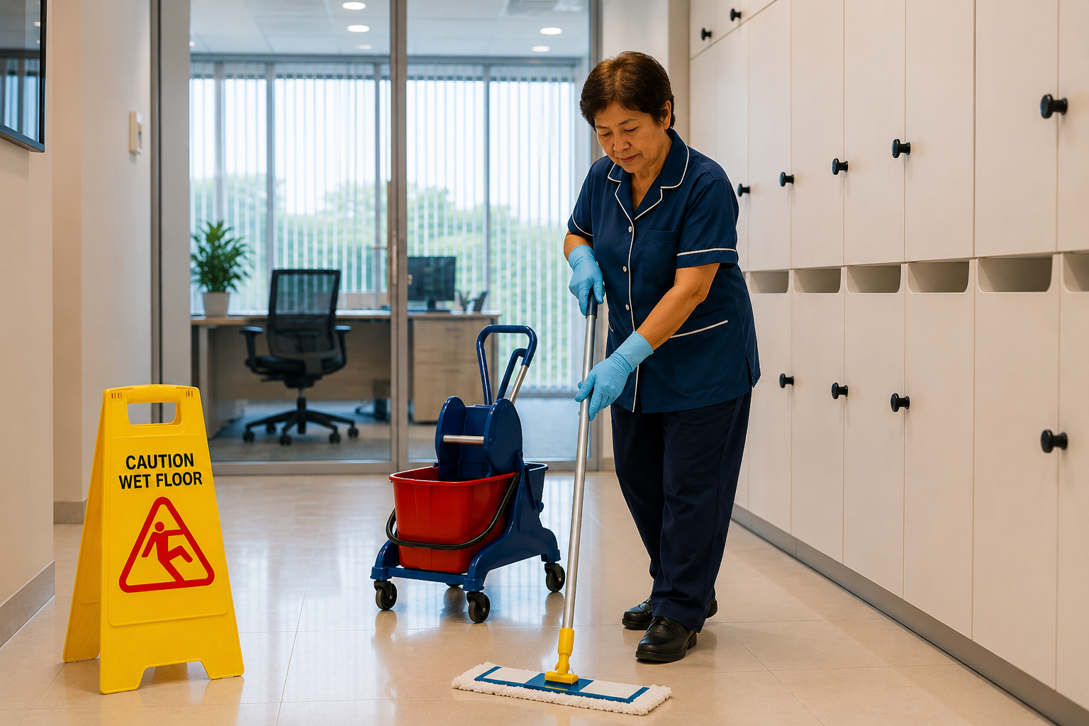 Professional janitorial staff cleaning a modern office hallway in the Philippines