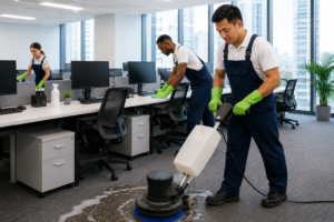 Professional office cleaning personnel maintaining workplace hygiene in a modern Philippine office