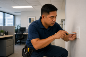 Office maintenance technician performing electrical maintenance in a modern workplace in the Philippines