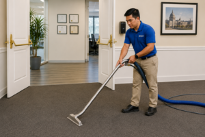 Workplace cleaning personnel vacuuming a modern office workspace in the Philippines