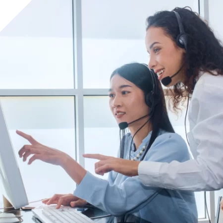 A person on a computer pointing to something on their computer screen,